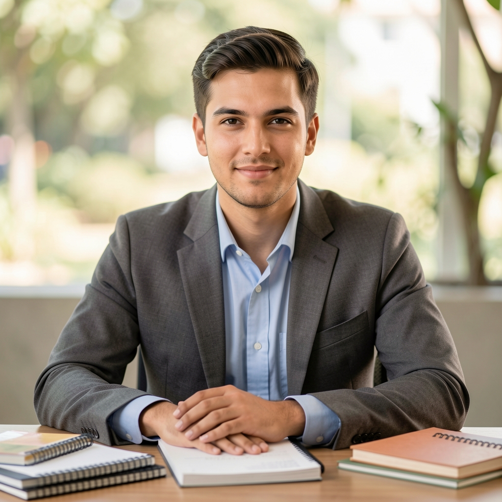 Editorial portrait of a male writer at a desk surrounded by supplement research materials and notebooks, soft natural light, documentary style