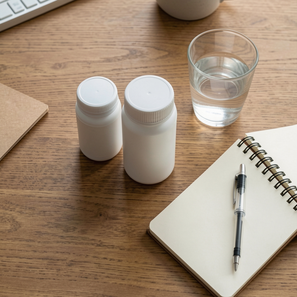 Supplement containers on a wooden desk alongside a glass of water and a notebook, minimal morning desk setup, editorial flat lay composition