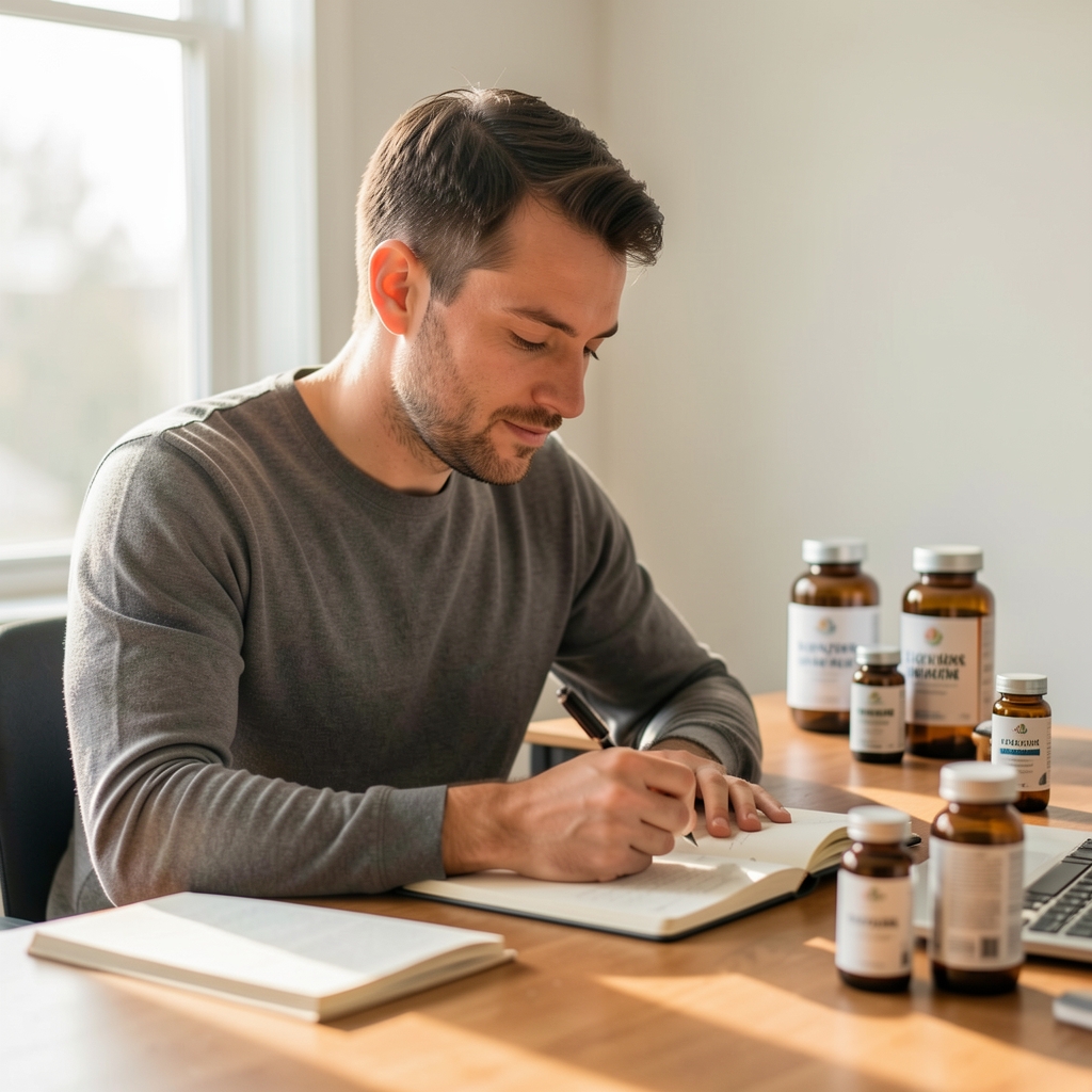 Man journalling at a desk in the morning, soft daylight, supplement bottles visible in the background, editorial composition