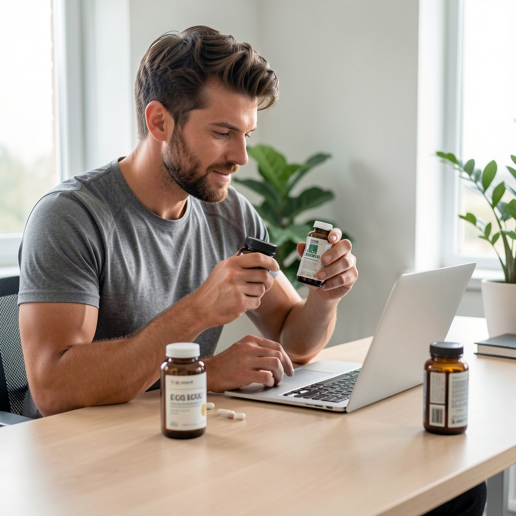 Man reviewing supplement containers at a minimal desk setup, warm natural morning light, Jakarta editorial style